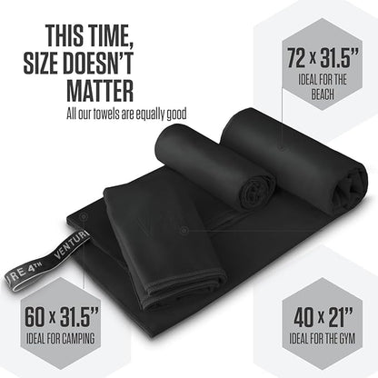 VENTURE 4TH Quick Dry Towel. Microfiber Travel Towel Ideal for Camping, Hiking, Backpacking, Gym. Lightweight & Fast Drying Travel Towels for Body. Compact & Easy to Pack - Black Large