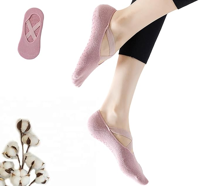CHUNFO Grip Socks Womens Pilates Yoga Barre Non Slip Stripes Cotton Ankle Anti-Skid Sock Size 5-10