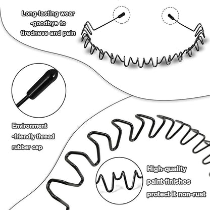 Metal Headbands for Man, Unisex Black Wavy & Smooth Headbands for Women, Non-Slip Elastic Hair Bands for Sports, Gym, Yoga, and Daily Use. (6 pack)