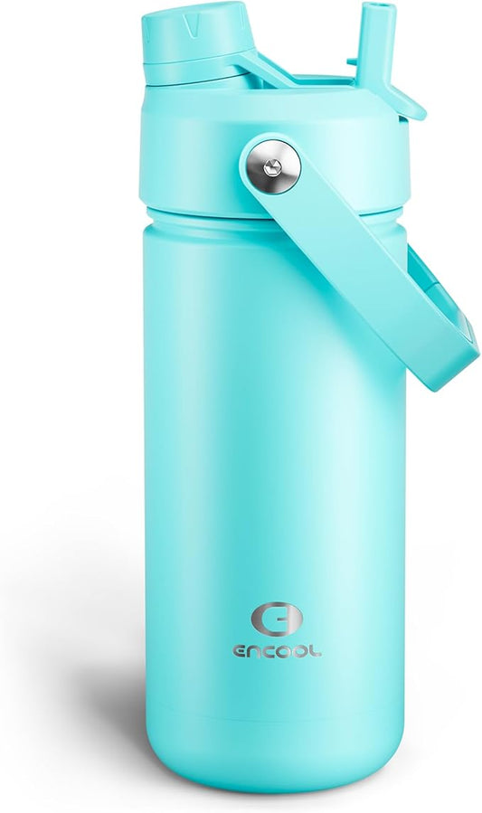 Insulated Water Bottle with Straw - Encool Stainless Steel Water Bottle, Leak-Proof, BPA-Free, Double Wall Vacuum Keeps Cold for 24 Hours for Sports, Travel, School (18 oz, Aquamarine Blue)