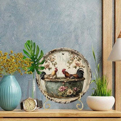 1pc Vintage Round Bathroom Aluminum Metal Decor Sign, 8x8 Inch, Chicken Themed Wreath, Use Without Electricity, No Feathers, with for Home, Living Room Wall Decoration