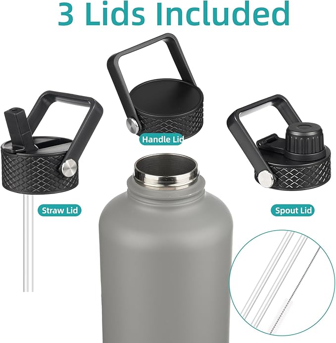 Insulated Water Bottle with Straw,87 oz 3 Lids Water Jug with Carrying Bag,Paracord Handle,Double Wall Vacuum Stainless Steel Metal Flask,Gray