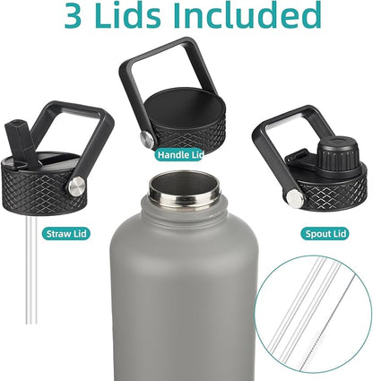 Insulated Water Bottle with Straw,87 oz 3 Lids Water Jug with Carrying Bag,Paracord Handle,Double Wall Vacuum Stainless Steel Metal Flask,Gray