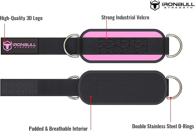Iron Bull Strength Ankle Straps for Cable Machines (Pair) - Double D-Ring Attachment, Fully Adjustable, Breathable Comfort Neoprene - for Legs, Glutes, Abs and HIPS Workouts - Fits Women & Men