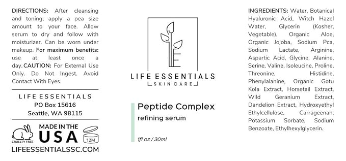 Peptide Complex Serum For Face - Collagen Serum Skin Repair with Powerful Anti Aging Properties - Refines Wrinkles and Restores Elasticity with Hyaluronic Acid, Aloe Vera, Jojoba Oil, Vitamin E