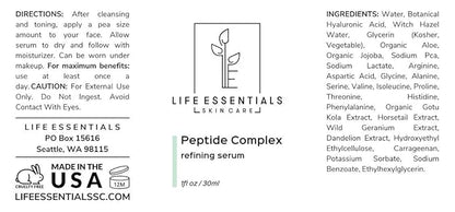 Peptide Complex Serum For Face - Collagen Serum Skin Repair with Powerful Anti Aging Properties - Refines Wrinkles and Restores Elasticity with Hyaluronic Acid, Aloe Vera, Jojoba Oil, Vitamin E