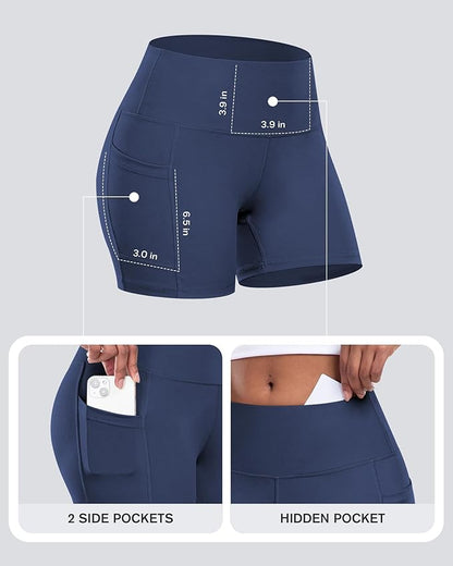 CHRLEISURE Womens Biker Yoga Shorts with Pockets: High Waisted Tummy Control Spandex Workout Athletic Gym Shorts 4 Packs