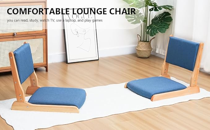 Japanese Floor Chair with Back Support, Foldable Meditation Chair, Legless Tatami Chair with Cushion, Floor Seat for Living Room, Bedroom, Bay Window (2, Blue)