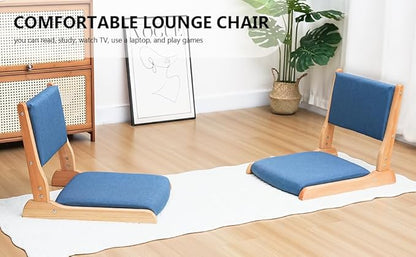 Japanese Floor Chair with Back Support, Foldable Meditation Chair, Legless Tatami Chair with Cushion, Floor Seat for Living Room, Bedroom, Bay Window (2, Blue)