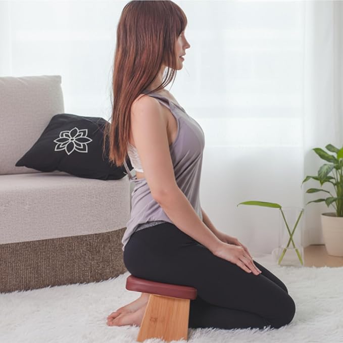 Meditation Bench with Leather Cushion, Folding Bamboo Kneeling Stool with Locking Magnetic Hinges for The Perfect Posture Seiza Bench for Yoga, Travel, Pray, Zen Practice Stool