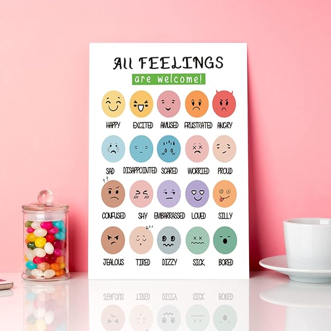 All Feelings Are Welcome Canvas Wall Art,Mental Health Decor,Feelings Chart Canvas Framed Wall Art Painting Ready to Hang for Nursery Kids Playroom Classroom