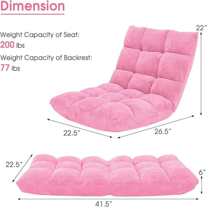 Moccha 14-Position Floor Chair, Folding Sofa Chair with Back Support, Memory Foam Floor Gaming Chairs for Adults, Adjustable Padded Couch Recliner Sleeper Bed for Reading, Meditating, Pink
