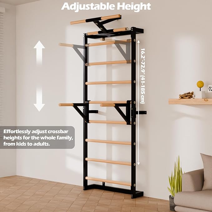 Swedish Ladder, Wood Stall Bars Suspension Trainer with Pull-Up Bar & Rings for Straps, Swedish ladders Wall Gym Adult, Wall-Mounted Workout Ladder for Home, Gym, School