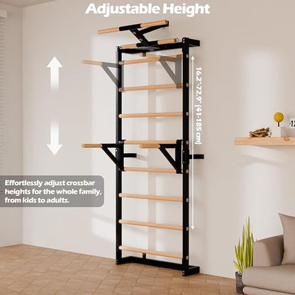 Swedish Ladder, Wood Stall Bars Suspension Trainer with Pull-Up Bar & Rings for Straps, Swedish ladders Wall Gym Adult, Wall-Mounted Workout Ladder for Home, Gym, School