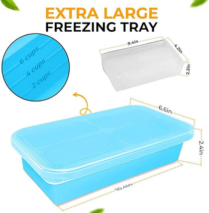 (2 Pack) Large Silicone Freezer Containers For Soup, Pasta Sauce, Leftovers, Broth & More - 6 Cup Reusable BPA Free Non Plastic Food Storage Freezing Ice Trays With Lids & Measurement Lines