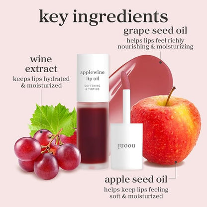 NOONI Korean Lip Oil - Applewine | Long-Lasting, Moisturizing, Plumping, Revitalizing for Dry Lips, Waterproof, No Peel Off, Hydrating, Nourishing Crystal Clear, 0.12 FL Oz