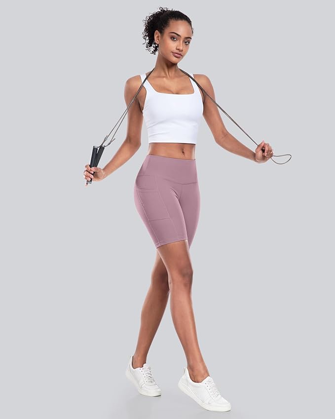 CHRLEISURE Womens Biker Yoga Shorts with Pockets: High Waisted Tummy Control Spandex Workout Athletic Gym Shorts 4 Packs