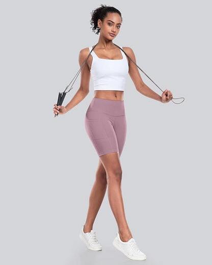 CHRLEISURE Womens Biker Yoga Shorts with Pockets: High Waisted Tummy Control Spandex Workout Athletic Gym Shorts 4 Packs