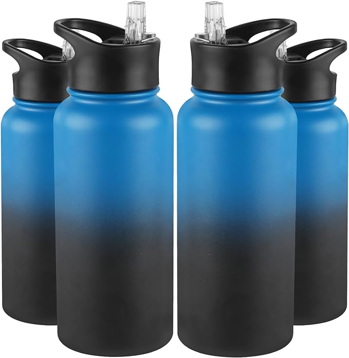 32 Oz Insulated Water Bottle Bulk 4 Pack, Stainless Steel Sports Water Bottles with Straw Lid & Wide Mouth Lids, Double Walled Vacuum, Leak Proof, Blue Black Gradient