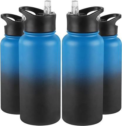 32 Oz Insulated Water Bottle Bulk 4 Pack, Stainless Steel Sports Water Bottles with Straw Lid & Wide Mouth Lids, Double Walled Vacuum, Leak Proof, Blue Black Gradient