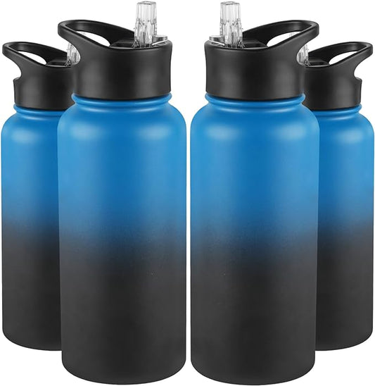 32 Oz Insulated Water Bottle Bulk 4 Pack, Stainless Steel Sports Water Bottles with Straw Lid & Wide Mouth Lids, Double Walled Vacuum, Leak Proof, Blue Black Gradient