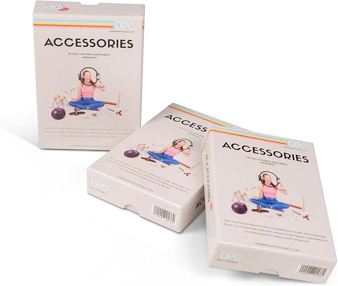 OnlinePilatesClasses Pilates Accessories Flashcards, 79 All-Levels Illustrated Cards Deck Set, Low Impact Home Fitness Workouts Guide with Postures & Routines, Workout Planner with Tips and Videos