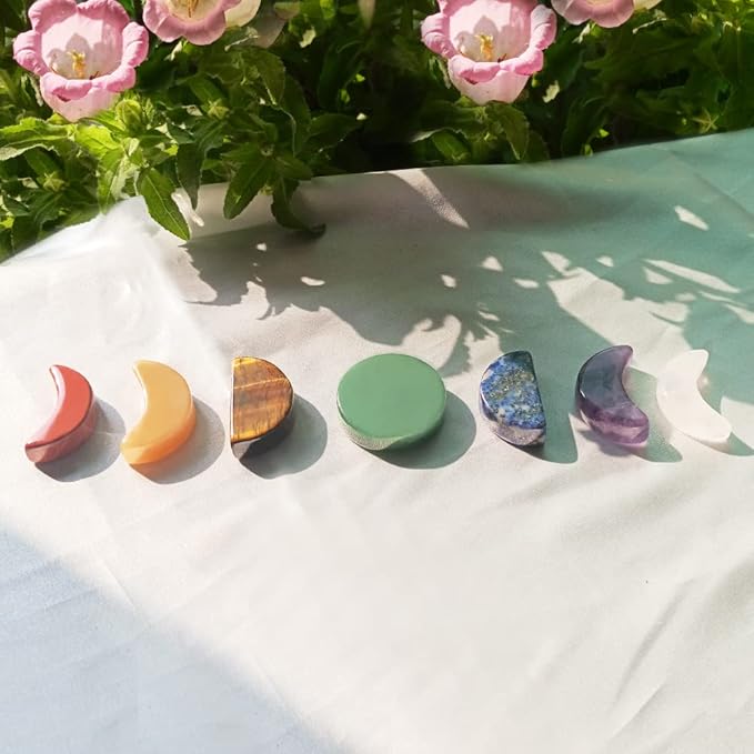 7 Chakra Stones Set Moon Phase Carved - Natural Gemstone Reiki Healing Crystal Quartz for Meditation, Healing, Collectable