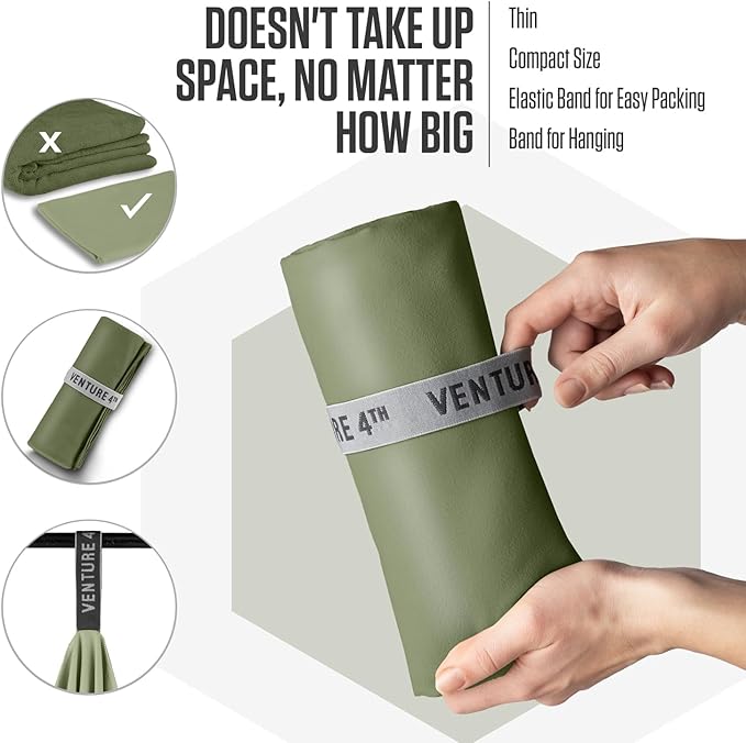 VENTURE 4TH Quick Dry Towel. Microfiber Travel Towel Ideal for Camping, Hiking, Backpacking, Gym. Lightweight & Fast Drying Travel Towels for Body. Compact & Easy to Pack - Army Green Medium