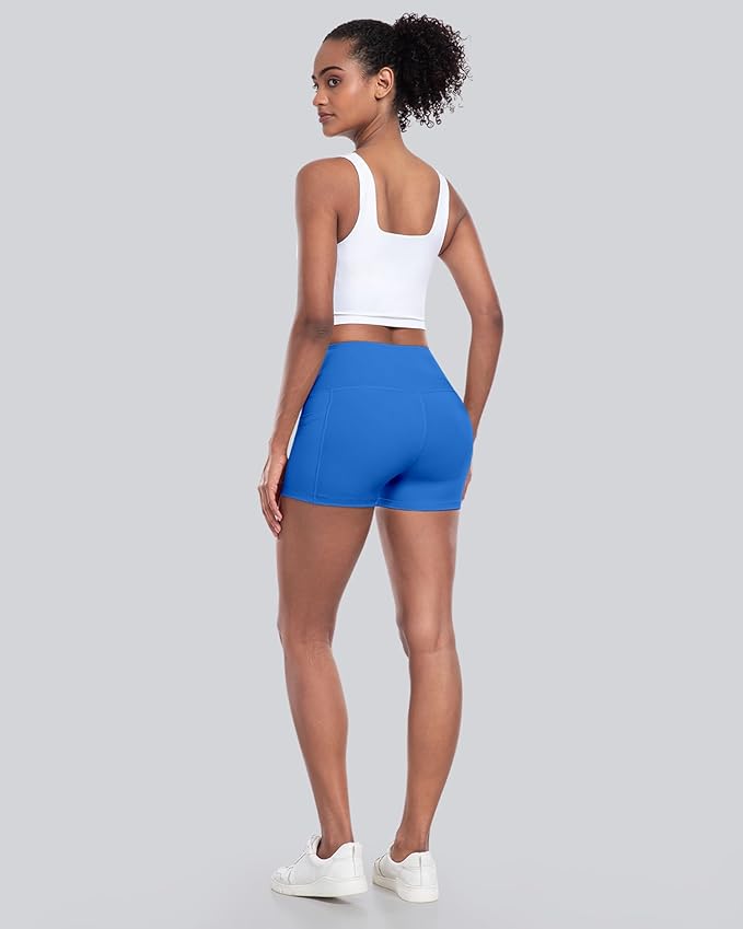 CHRLEISURE Womens Biker Yoga Shorts with Pockets: High Waisted Tummy Control Spandex Workout Athletic Gym Shorts 4 Packs