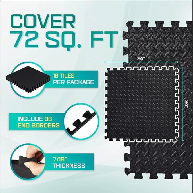Yes4All 24SQFT-120SQFT Puzzle Exercise Mat for Home Gym, EVA Interlocking Foam Floor Tiles with Border for Workout Equipment