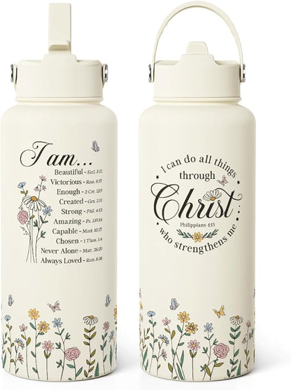 Christian Inspiration Water Bottle 32oz Stainless Steel with Lid & Straw, Inspirarional Insulated Bottles for Women Girls, Religious Inspirational Gift Idea for Birthday Christmas