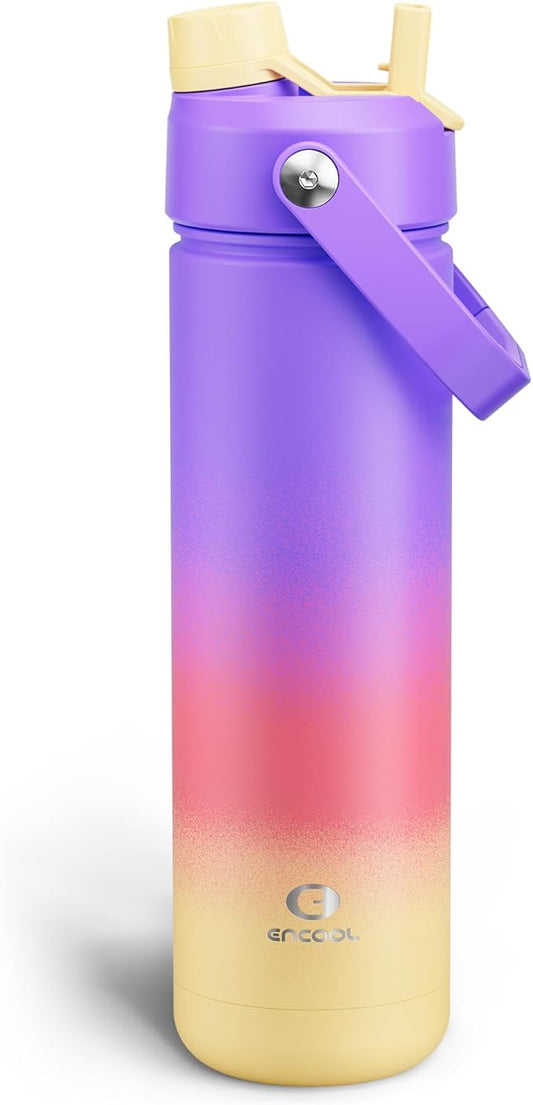 Insulated Water Bottle with Straw - Encool Stainless Steel Water Bottle, Leak-Proof, BPA-Free, Double Wall Vacuum Keeps Cold for 24 Hours for Sports, Travel, School (26 oz, Peach Dream)