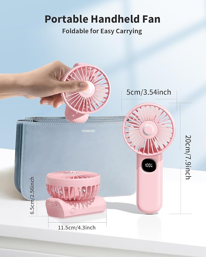 Handheld Fan, Foldable Portable Fan with LED Display, 3000mAh Battery Operated Mini Hand Held Fan, Handheld/Neck/Desk 3 in 1 Personal Small Fan for Eyelash Makeup Travel Beach Outdoor Pink