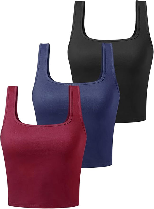 Porvike Sports Crop Tank Tops for Women Cropped Workout Tops Racerback Running Yoga Tanks Cotton Sleeveless Gym Shirts 3 Pack