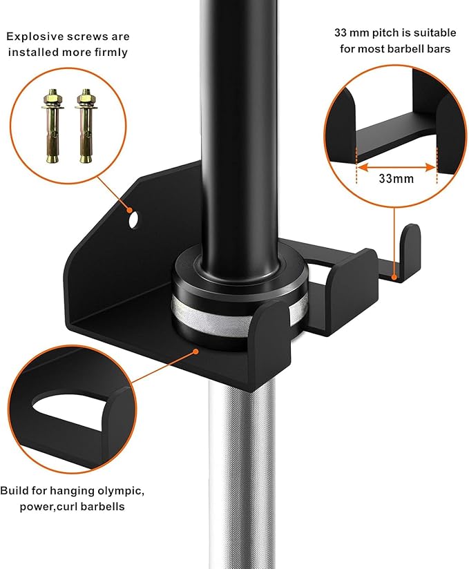 Olympic Barbell Hanger,Garage Gym Bar Wall Rack,Vertical Barbell Mount Rack,Double Barbell Holder Wall Mount,Space Saving Commercial or Home Gym Accessory,Holds 33mm Bar (2 hook black)
