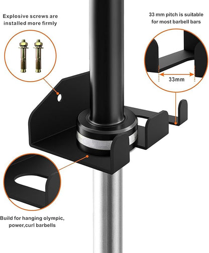 Olympic Barbell Hanger,Garage Gym Bar Wall Rack,Vertical Barbell Mount Rack,Double Barbell Holder Wall Mount,Space Saving Commercial or Home Gym Accessory,Holds 33mm Bar (2 hook black)