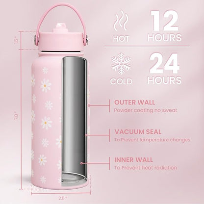 SANDJEST Daisy Water Bottle Stainless Steel 32oz Insulated with Lid, Flower Water Bottles Gifts for Women Girls Friends Teens Birthday Christmas