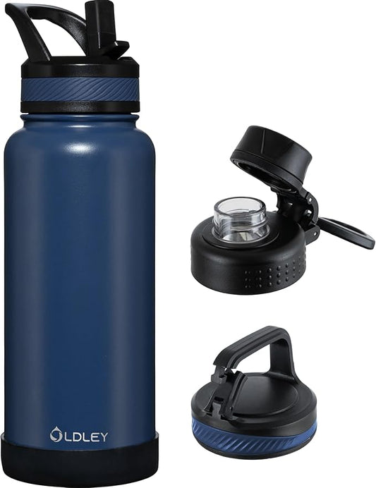 OLDLEY 32 oz Insulated Water Bottle With Straw, Stainless Steel Sports Water Cup Flask with 3 Lids(Straw, Spout and Handle Lid) Double Walled Travel Thermal Canteen Mug,Navy Blue