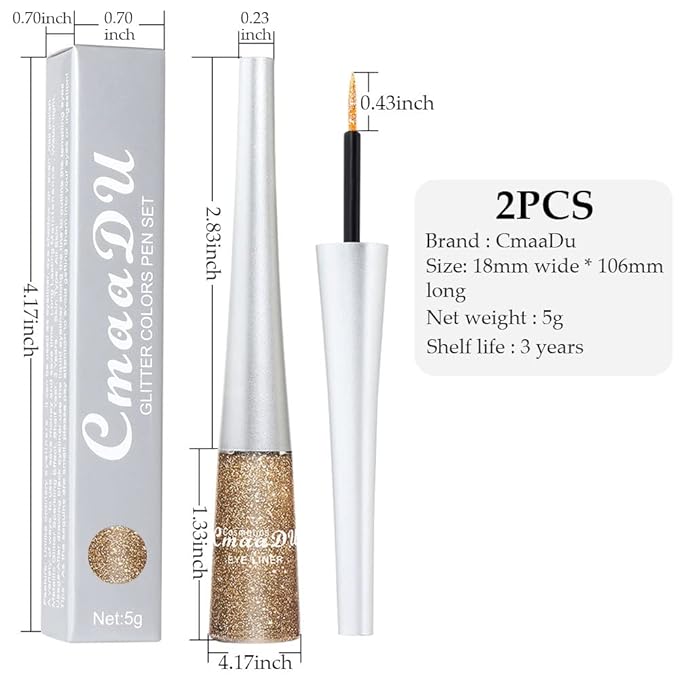 evpct 2Pcs Gold Champagne Gold Color Liquid Glitter Eyeliner Sets Eyeliner Glitter Liquid Liners for Women Liquid Sparkly Glitter Eyeliner delineador con glitter de colores para ojos colores 01+14