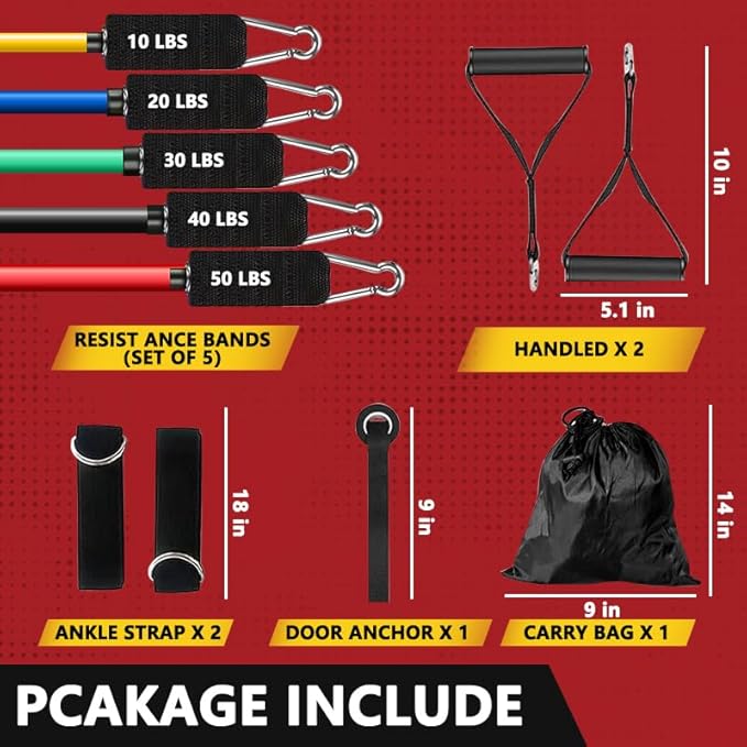 Resistance Bands Set, Exercise Bands, Workout Bands with Handles for Men and Women, Ankle Straps, Door Anchor and Carry Bag - Home and Gym Strength Training