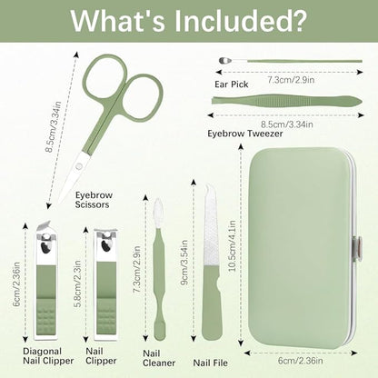 Manicure Set, Stainless Steel Nail Clipper Kit Nail Clipper Set 7 in 1 Manicure Kit Pedicure Kit Portable Nail Grooming Kit Fingernail Toenail Clippers for Men Husband Boyfriend Women Green