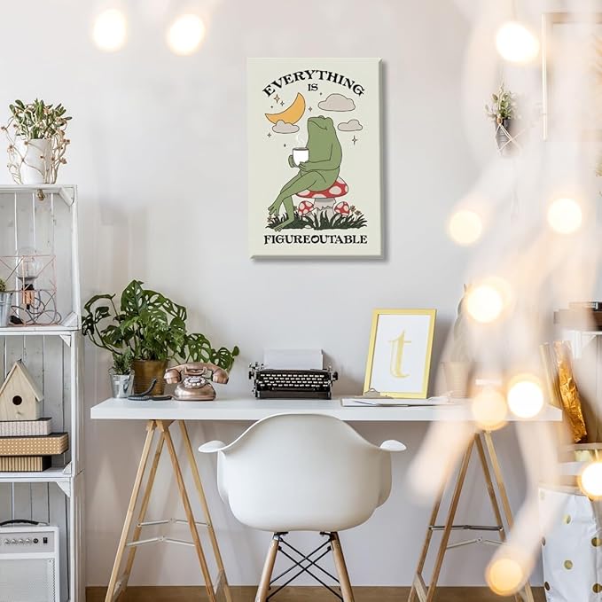 Everything is Figureoutable Motivational Canvas Wall Art Print Frog with Coffee Quote Inspirational Art Poster Mental Health Home Office Affirmation Wall Decor Minimalist Picture 16x24inch Unframed