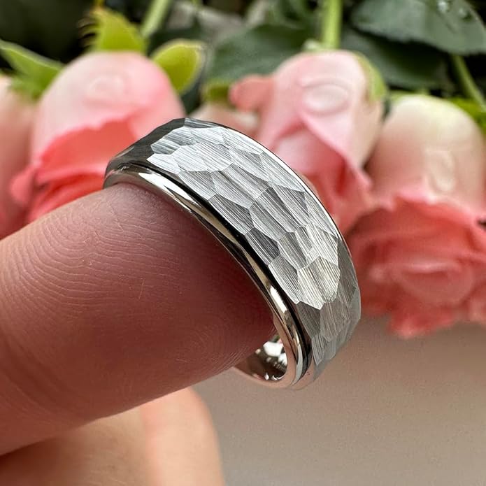 8mm Silver/Black/Gold Spinner Tungsten Titanium Fidget Rings for Men Women Anxiety Released Hammered Design Engagement Wedding Band Stepped Edges Comfort Fit