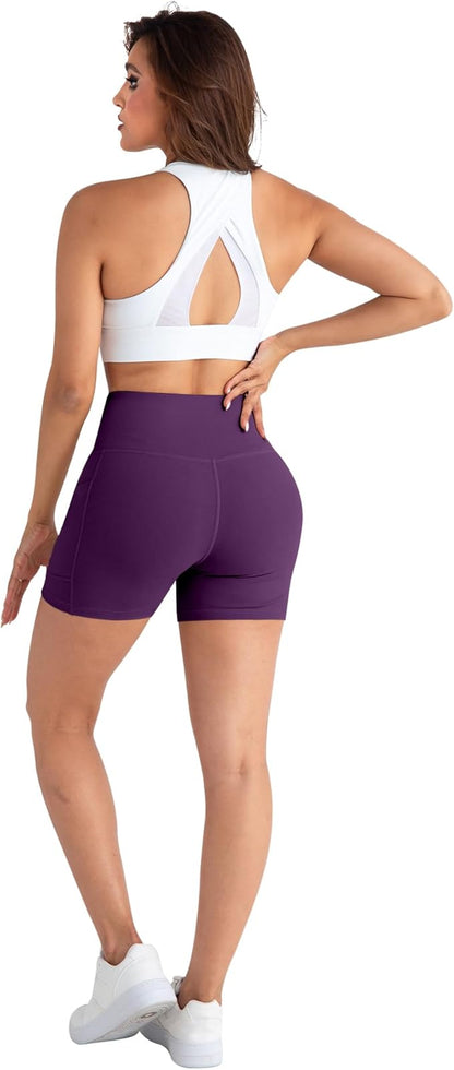 CHRLEISURE Womens Biker Yoga Shorts with Pockets: High Waisted Tummy Control Spandex Workout Athletic Gym Shorts 4 Packs