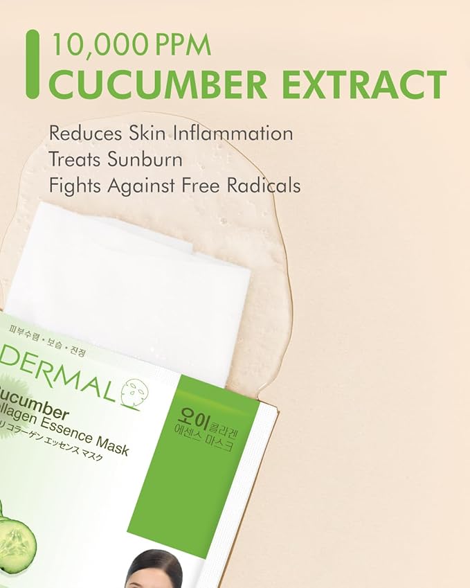 DERMAL Cucumber Collagen Essence Facial Mask Sheet 23g Pack of 10 - Soothing & Moisturizing, Redness & Sunburn Relief, Daily Skin Treatment Solution Sheet Mask