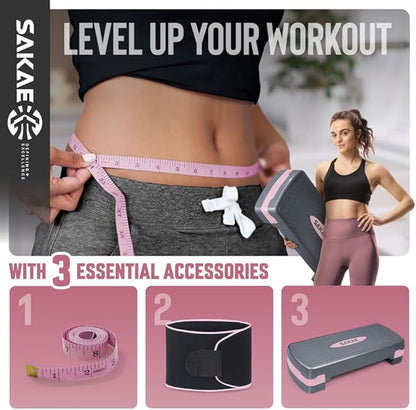 SAKAE Aerobic Step Platform Set with Waist Trimmer & Measuring Tape, Exercise Steppers for Home Exercise Fitness, Adjustable Height 2 Level Risers Workout Step Platform Trainer, Multiple Colors