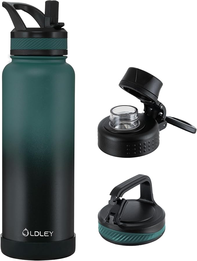 OLDLEY 40 oz Insulated Water Bottle With Straw, Stainless Steel Sports Water Cup Flask with 3 Lids(Straw, Spout and Handle Lid) Double Walled Travel Thermal Canteen Mug,Midnight Black