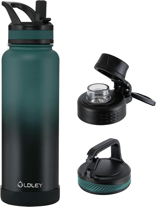 OLDLEY 40 oz Insulated Water Bottle With Straw, Stainless Steel Sports Water Cup Flask with 3 Lids(Straw, Spout and Handle Lid) Double Walled Travel Thermal Canteen Mug,Midnight Black