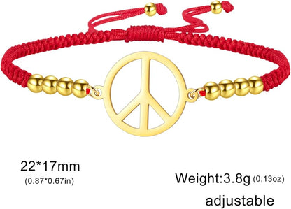 LIKGREAT Peace Sign Pendant Bracelet for Women Peace Symbol Adjustable Handmade Braided Wax Cords Beaded Bracelet