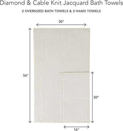 Texere 100% Organic Cotton Jacquard 650 GSM Premium Bath Towel Sets - Extra Absorbent Quick Dry and Plush (Cable, Birch, 2 Bath & 2 Hand Towels)